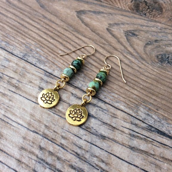 Lotus earrings with African Turquoise, healing jewelry, 14k gold filled - Picture 3 of 7